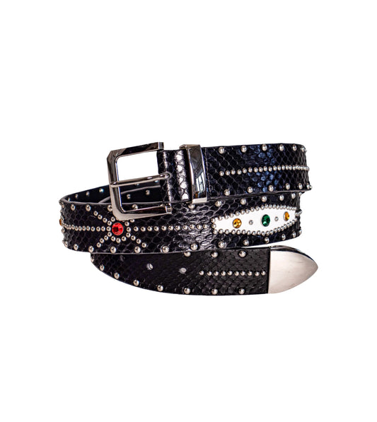 STUDDED SNAKESKIN BELT IN
BLACK