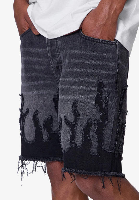 FLAME DENIM SHORTS-WAHED BLACK